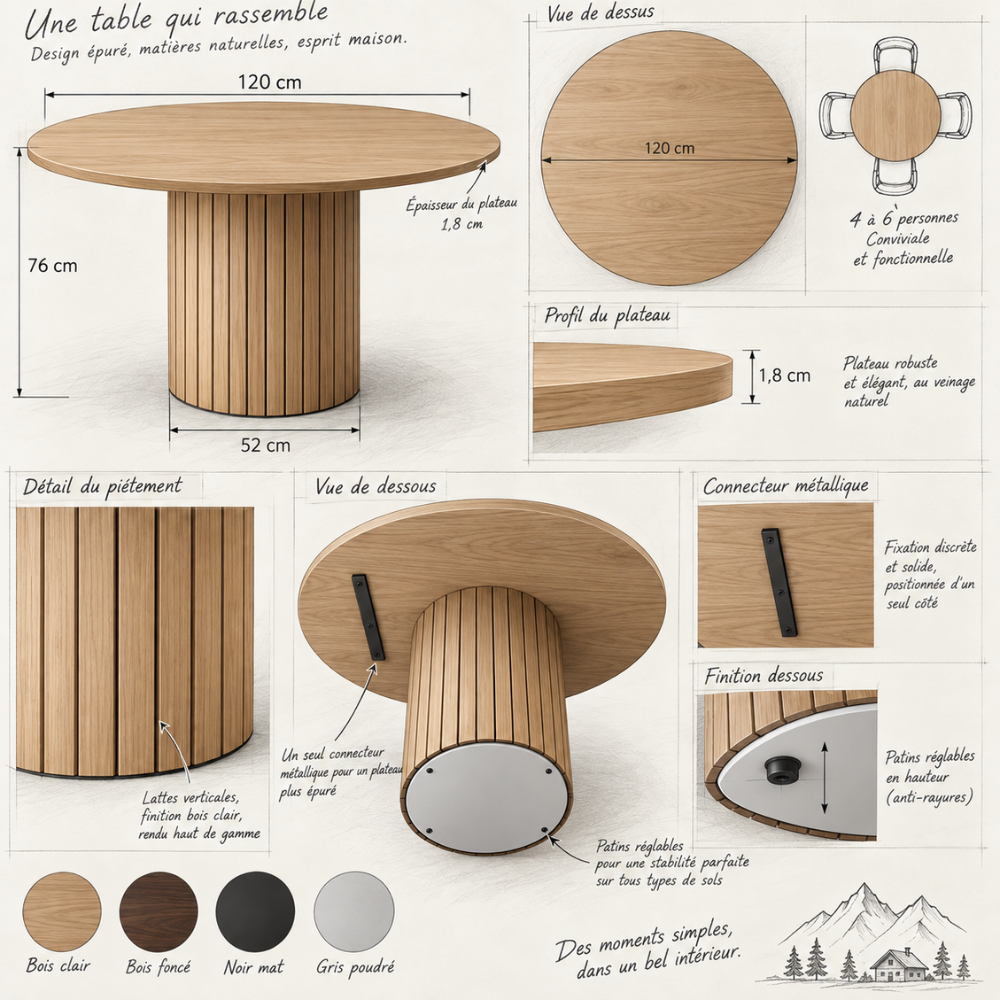 Table à manger ronde scandinave bois, pieds brun clair – vue 7