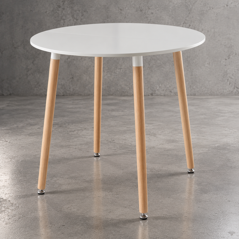 Table à manger ronde blanche, pieds bois massif