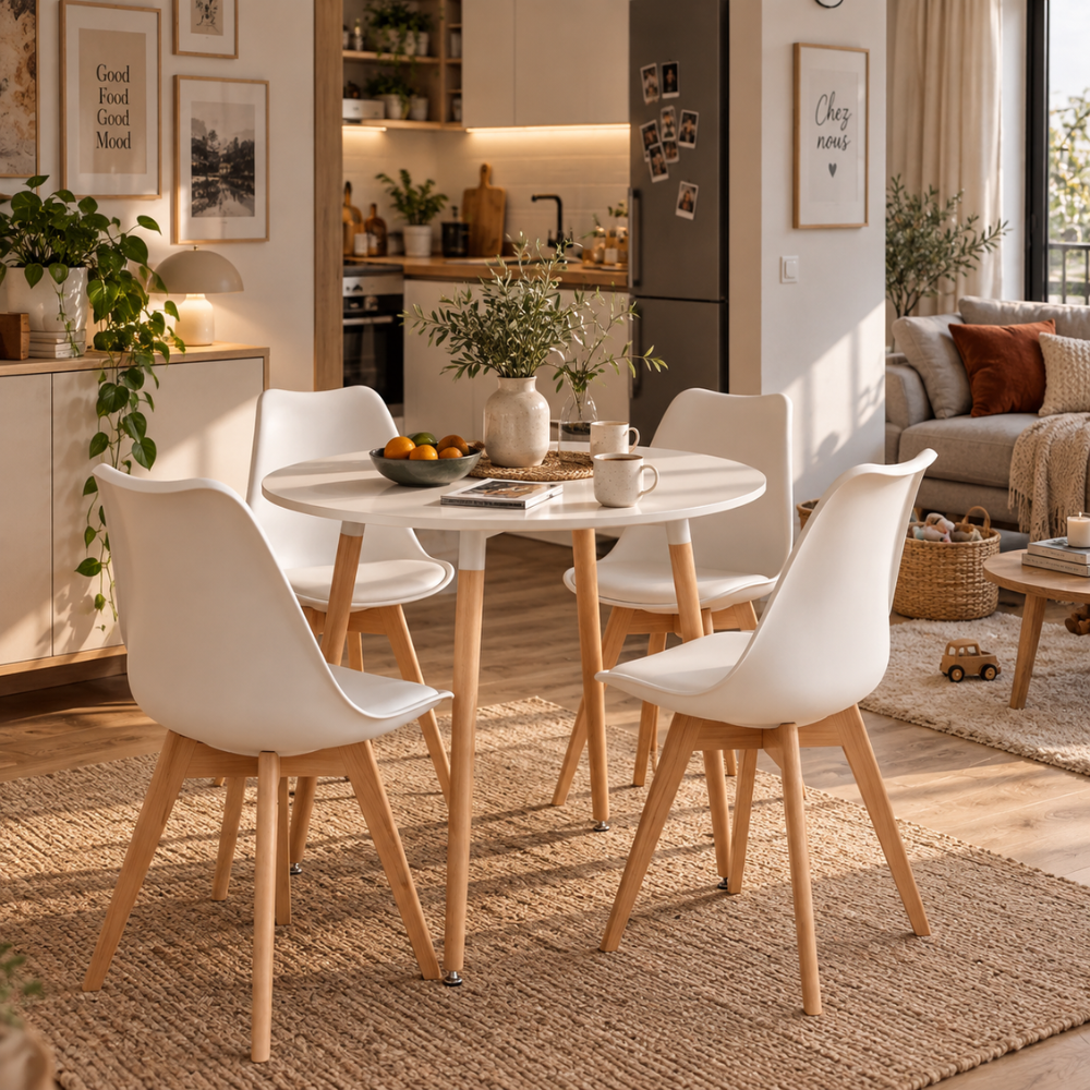 Table à manger ronde blanche, pieds bois massif – vue 4