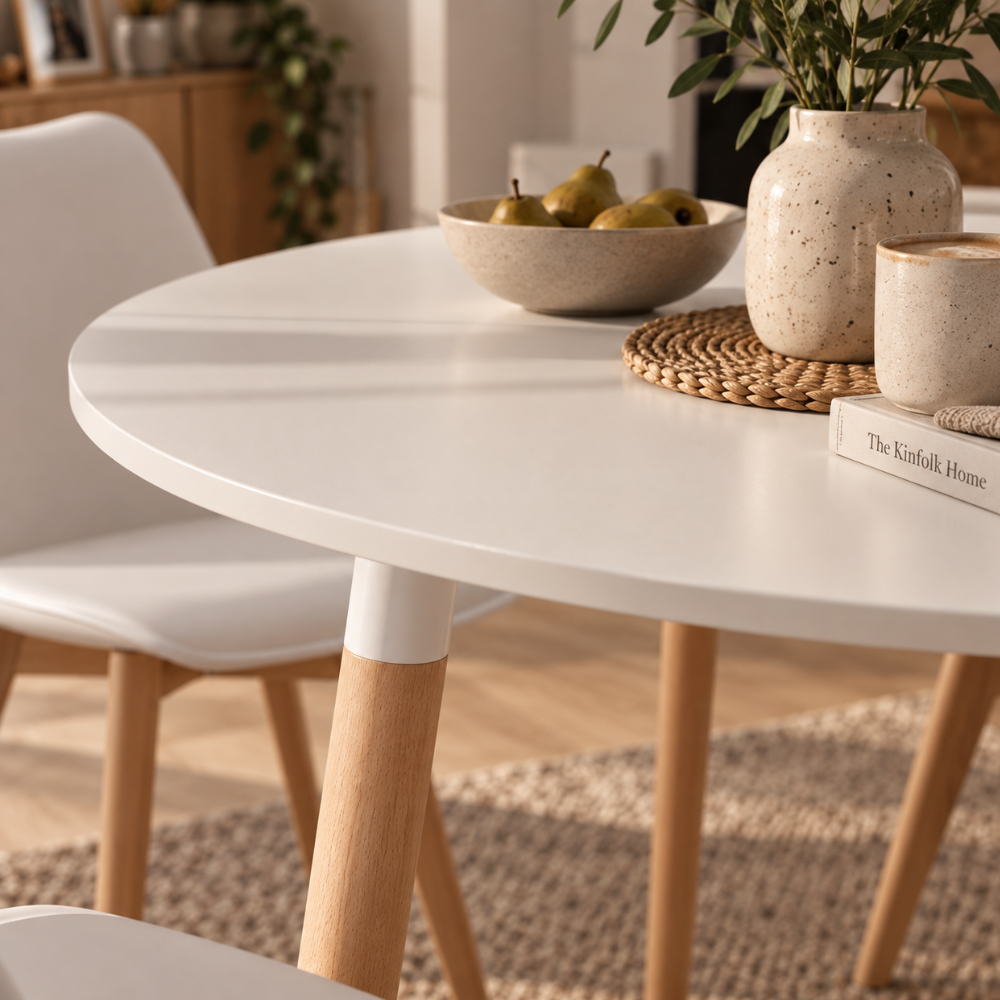 Table à manger ronde blanche, pieds bois massif – vue 6
