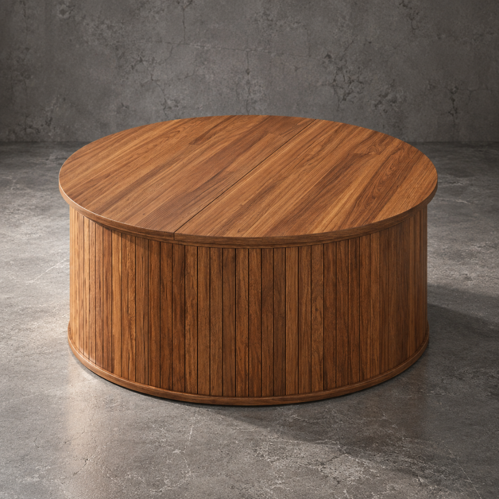 Table basse ronde noyer à plateau relevable et rangement
