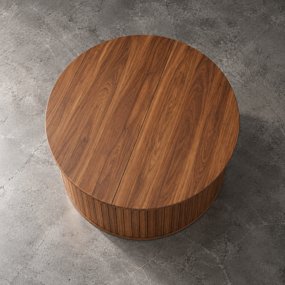 Table basse ronde noyer à plateau relevable et rangement – vue 2