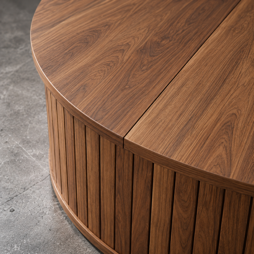 Table basse ronde noyer à plateau relevable et rangement – vue 3