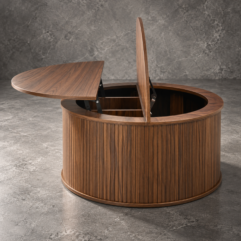 Table basse ronde noyer à plateau relevable et rangement – vue 4