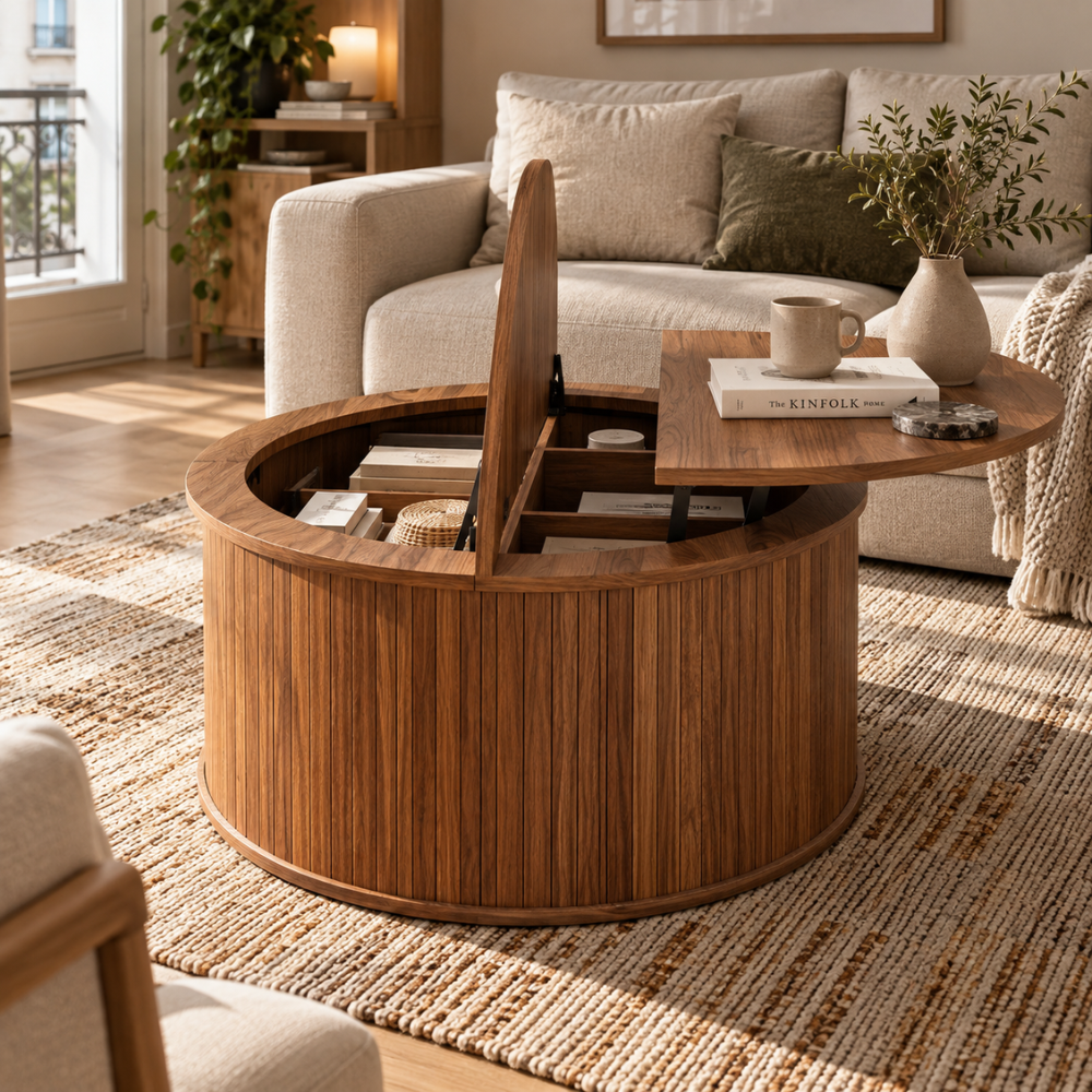Table basse ronde noyer à plateau relevable et rangement – vue 6