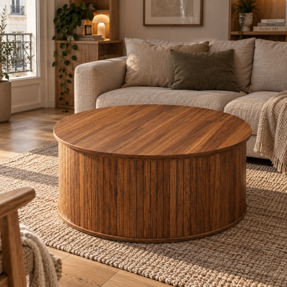 Table basse ronde noyer à plateau relevable et rangement – vue 5