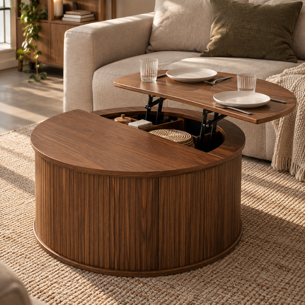 Table basse ronde noyer à plateau relevable et rangement – vue 7