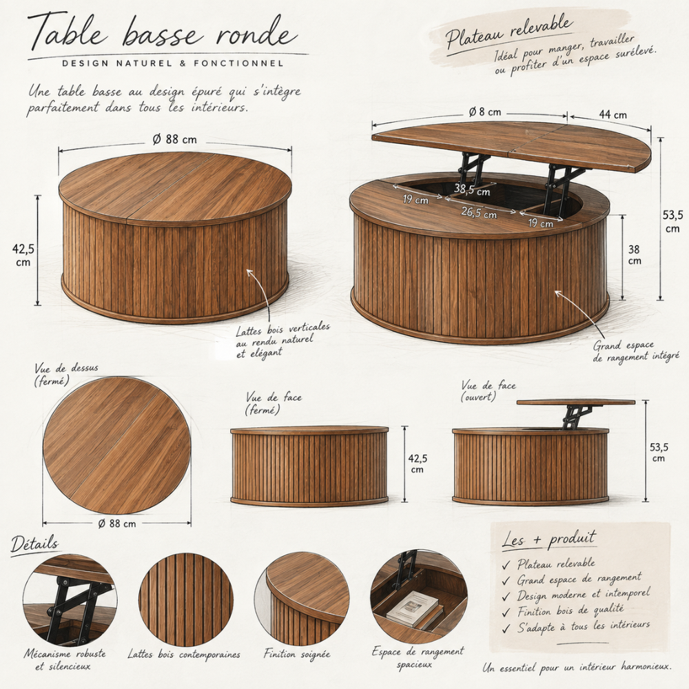 Table basse ronde noyer à plateau relevable – schéma des dimensions