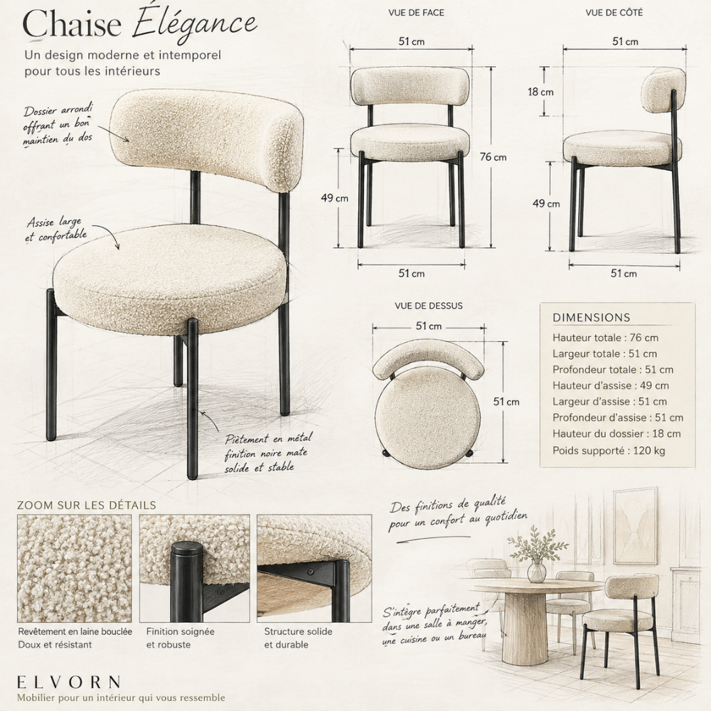 Chaises de salle à manger beige en tissu bouclé – vue 7