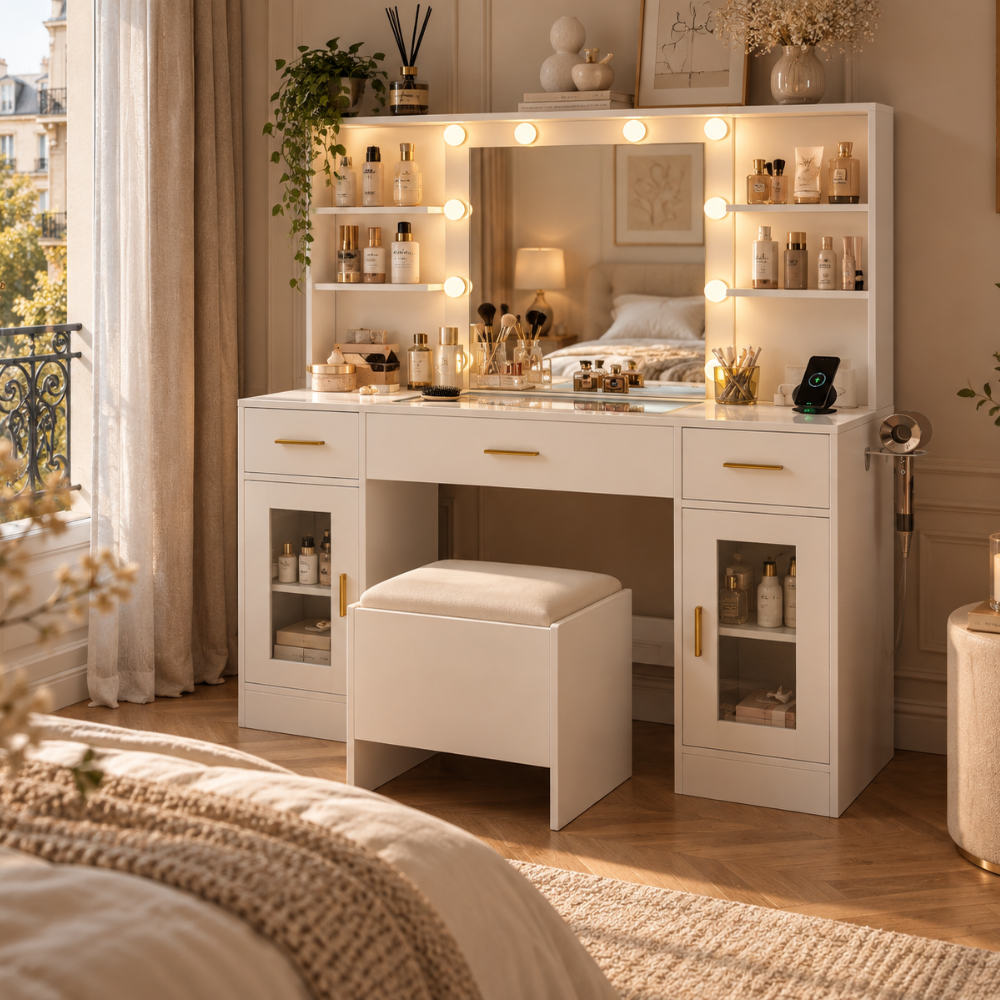 Coiffeuse blanche avec miroir LED, rangements et tabouret – vue 3
