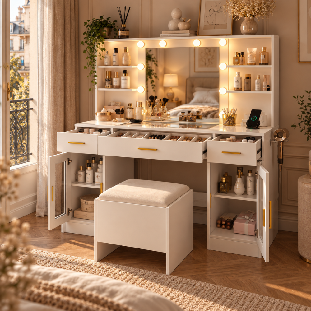 Coiffeuse blanche avec miroir LED, rangements et tabouret – vue 5