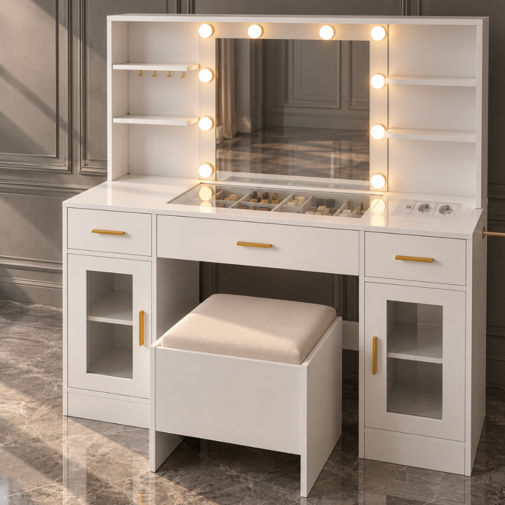Coiffeuse blanche avec miroir LED, rangements et tabouret