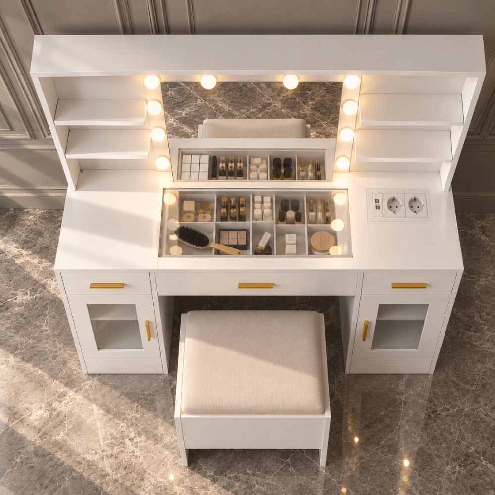 Coiffeuse blanche avec miroir LED, rangements et tabouret – vue 2