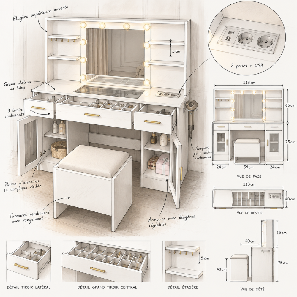 Coiffeuse blanche avec miroir LED, rangements et tabouret – vue 6