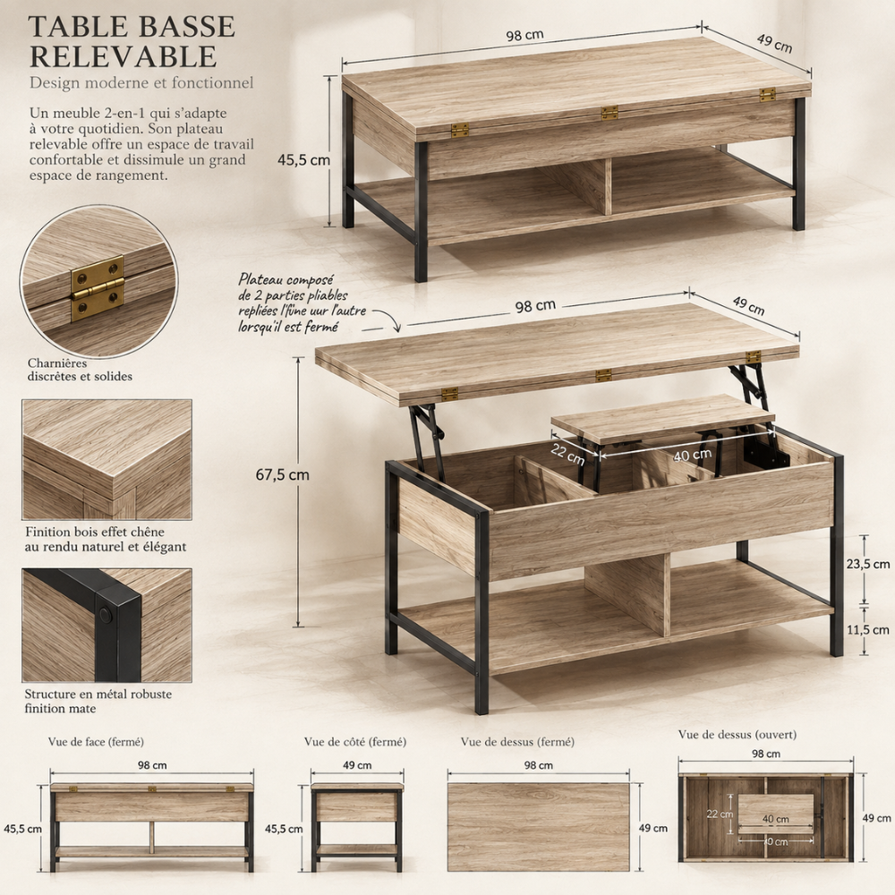 Table basse relevable et extensible bois naturel – vue 7