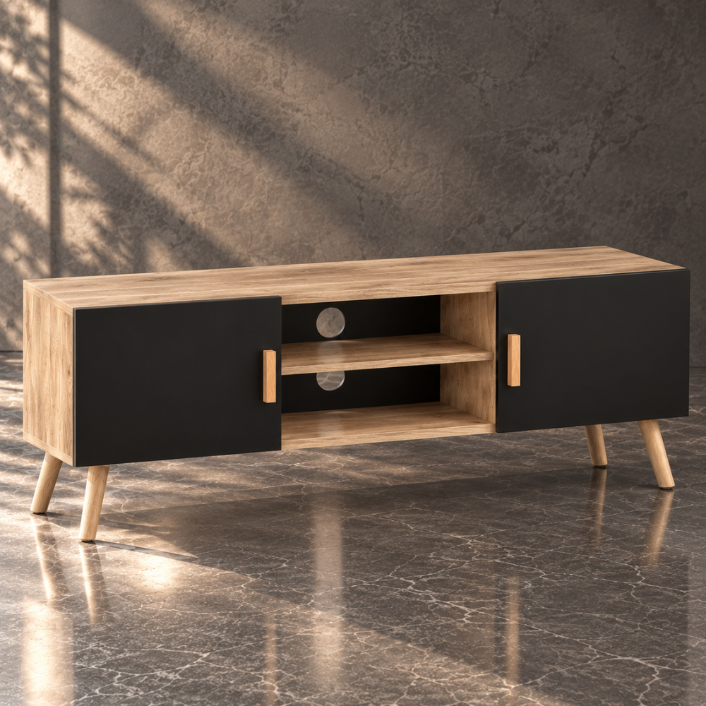 Meuble TV chêne et noir 110 cm, 2 placards