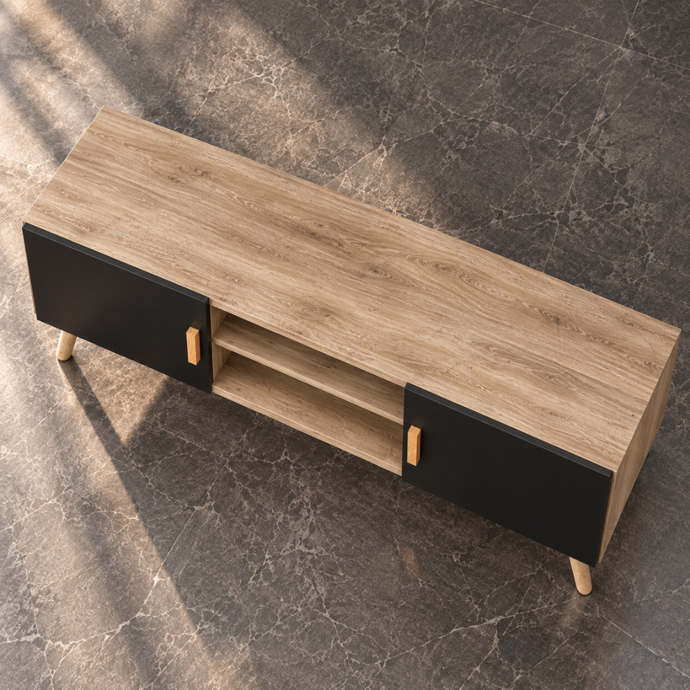 Meuble TV chêne et noir 110 cm, 2 placards – vue 2