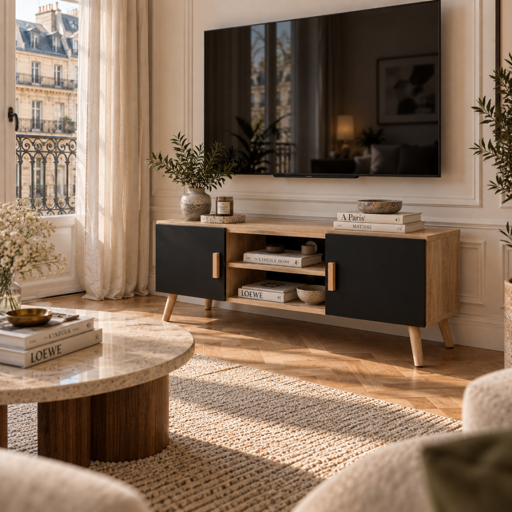 Meuble TV chêne et noir 110 cm, 2 placards – vue 3