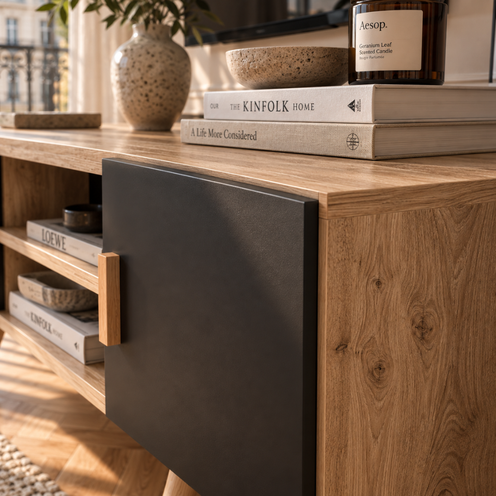 Meuble TV chêne et noir 110 cm, 2 placards – vue 4