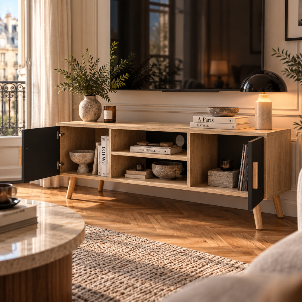Meuble TV chêne et noir 110 cm, 2 placards – vue 6