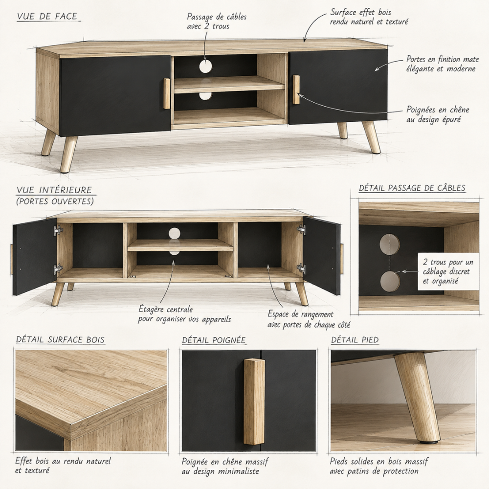 Meuble TV chêne et noir 110 cm – schéma des dimensions