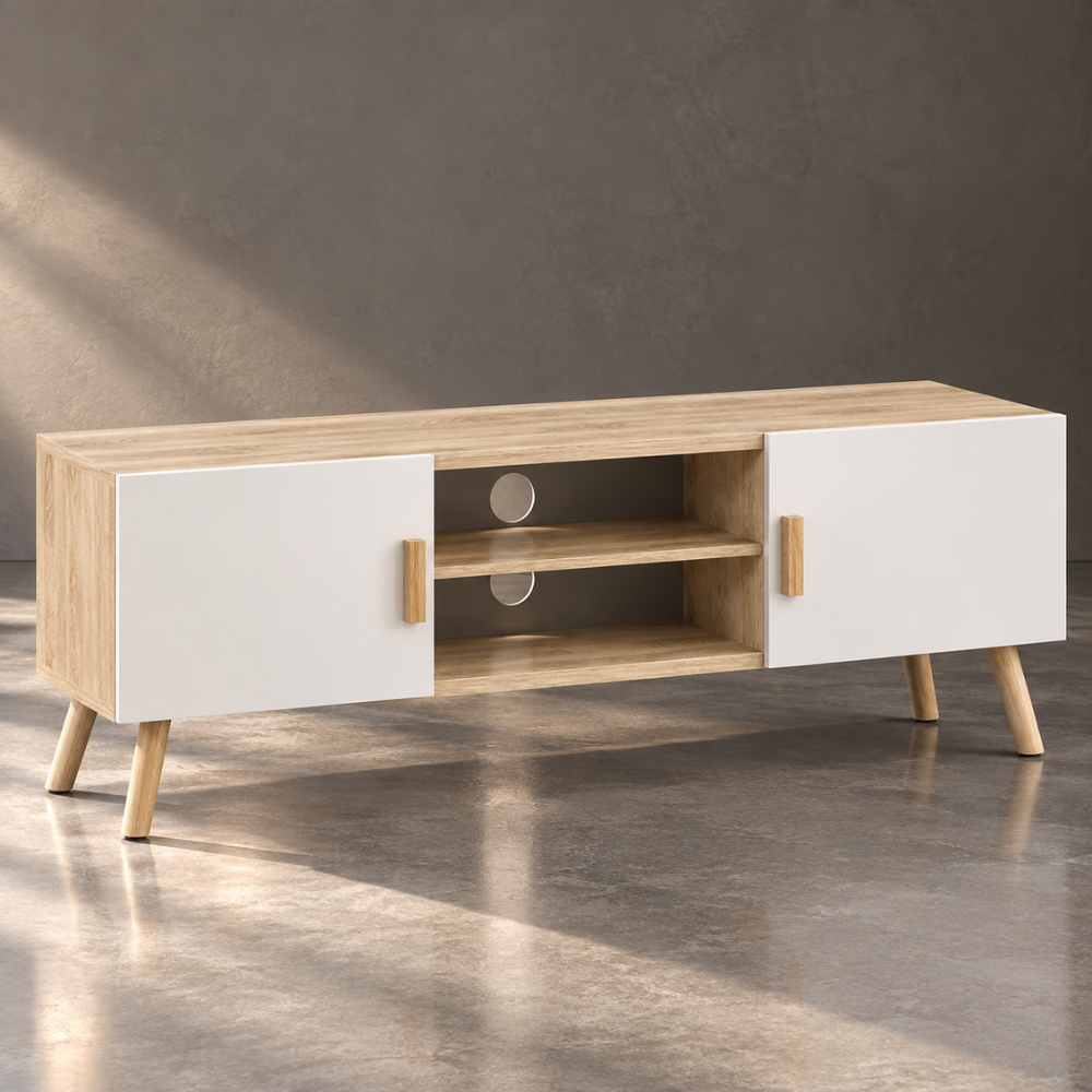 Meuble TV chêne et blanc 110 cm, 2 placards