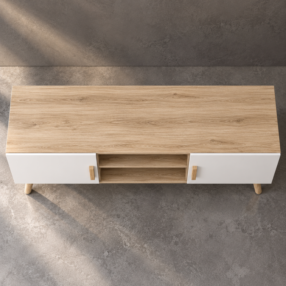 Meuble TV chêne et blanc 110 cm, 2 placards – vue 2