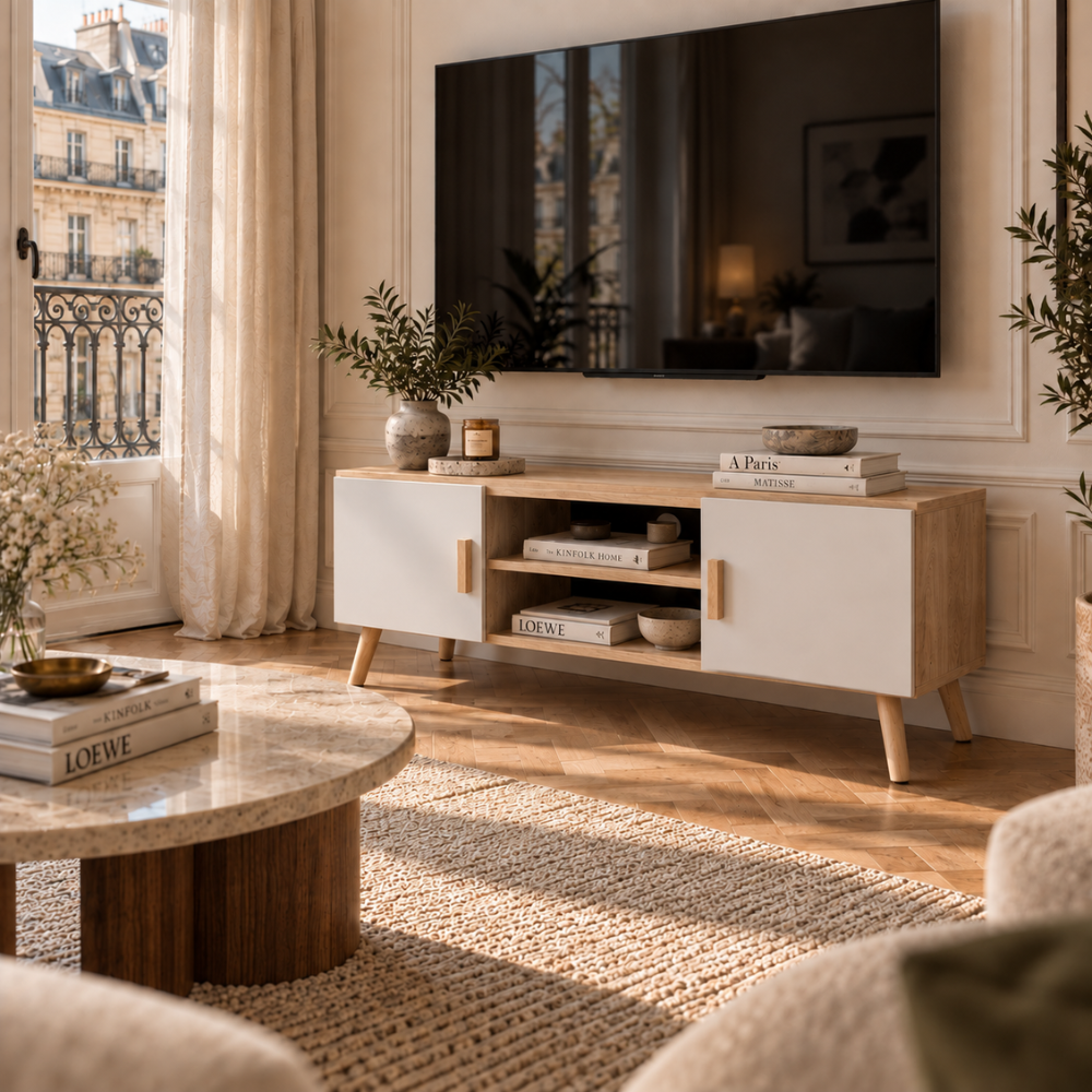 Meuble TV chêne et blanc 110 cm, 2 placards – vue 3