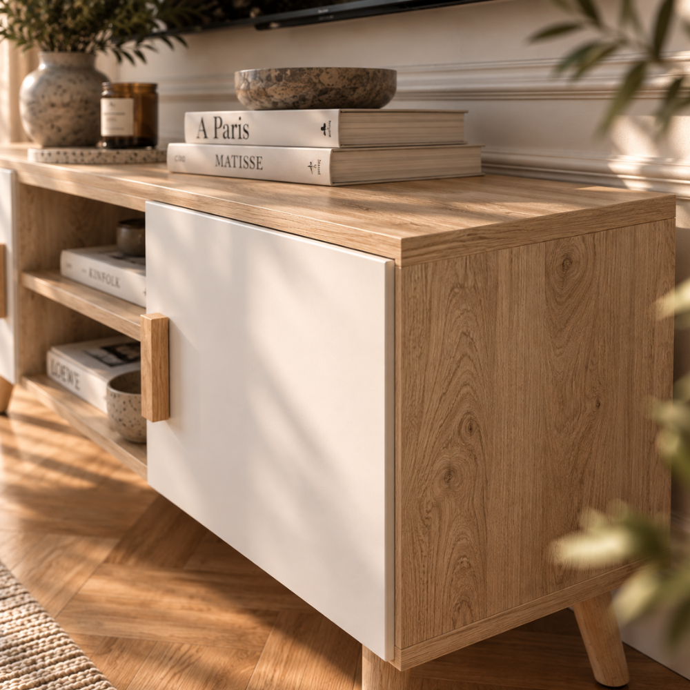 Meuble TV chêne et blanc 110 cm, 2 placards – vue 4