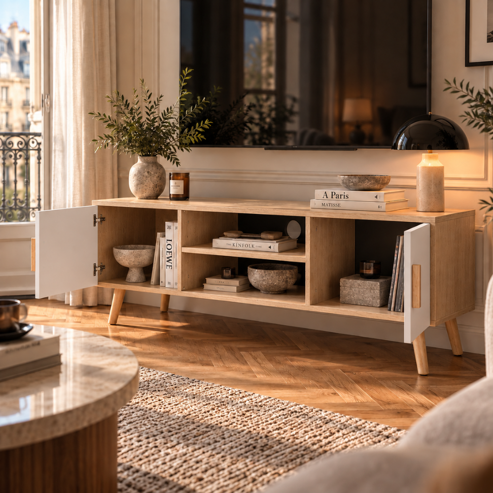 Meuble TV chêne et blanc 110 cm, 2 placards – vue 6