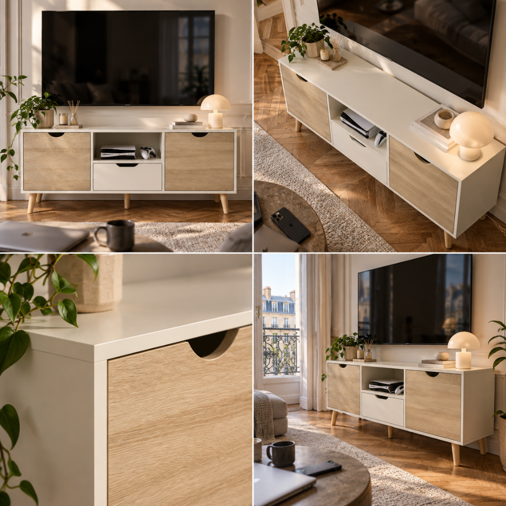Meuble TV bas blanc et bois naturel avec tiroir 110 cm – vue 7