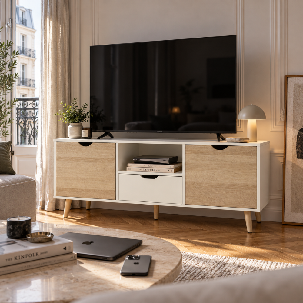 Meuble TV bas blanc et bois naturel avec tiroir 110 cm – vue 3