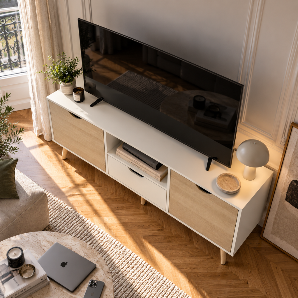 Meuble TV bas blanc et bois naturel avec tiroir 110 cm – vue 4