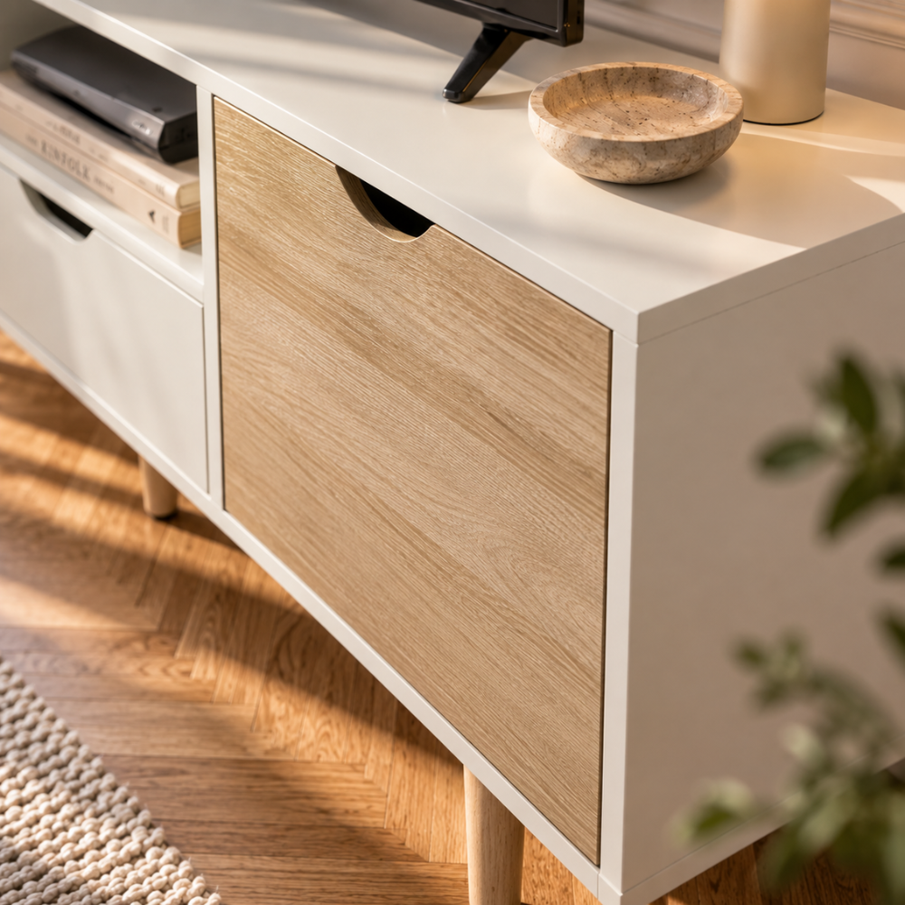 Meuble TV bas blanc et bois naturel avec tiroir 110 cm – vue 5
