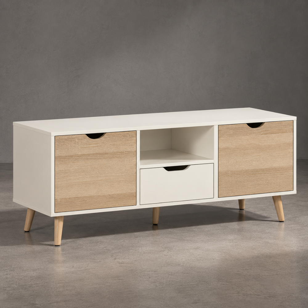 Meuble TV bas blanc et bois naturel avec tiroir 110 cm