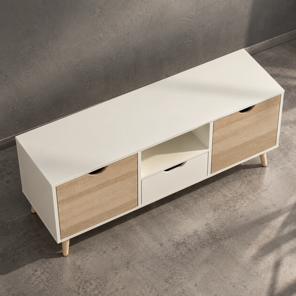 Meuble TV bas blanc et bois naturel avec tiroir 110 cm – vue 2