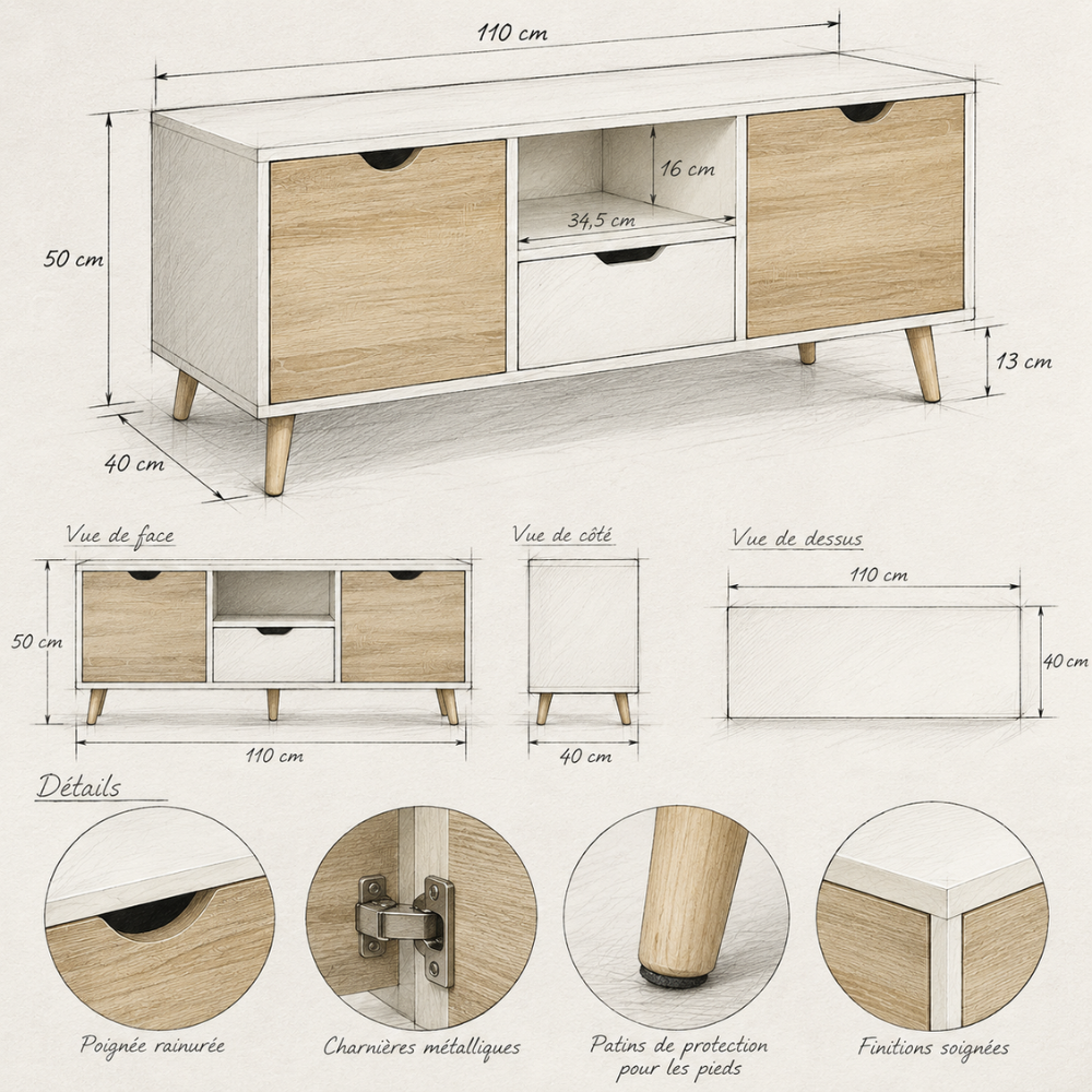 Meuble TV bas blanc et bois naturel avec tiroir 110 cm – vue 6