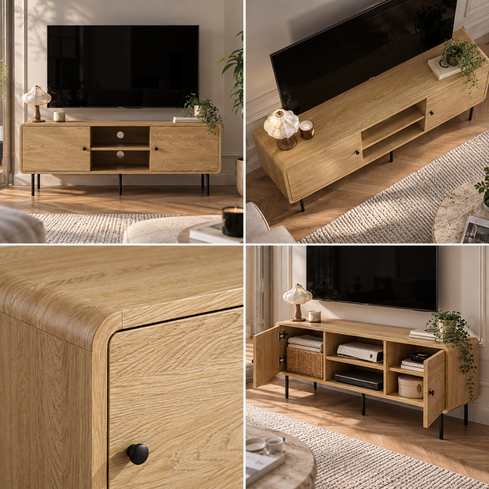 Meuble TV effet chêne et noir 120 cm, 2 portes – vue 5