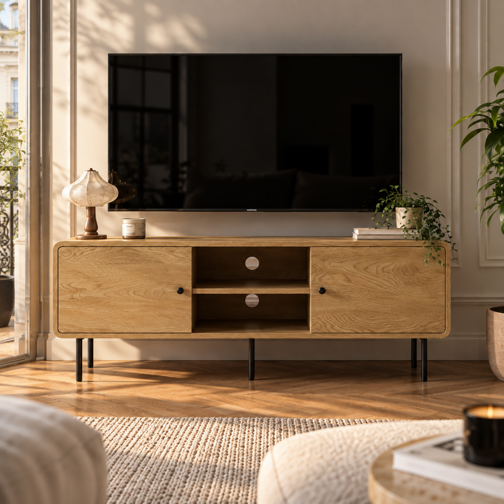 Meuble TV effet chêne et noir 120 cm, 2 portes – vue 2