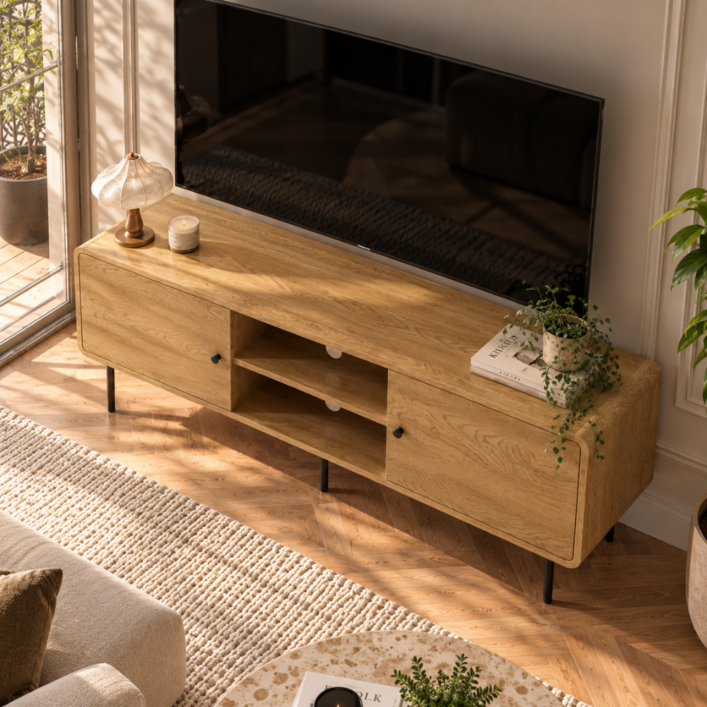Meuble TV effet chêne et noir 120 cm, 2 portes – vue 3