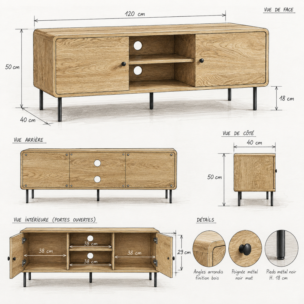 Meuble TV effet chêne et noir 120 cm, 2 portes – vue 6