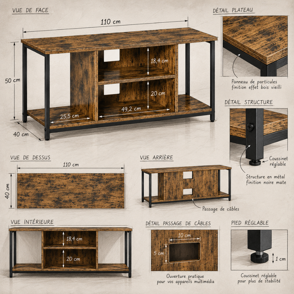 Meuble TV industriel brun rustique et noir 110 cm – vue 7