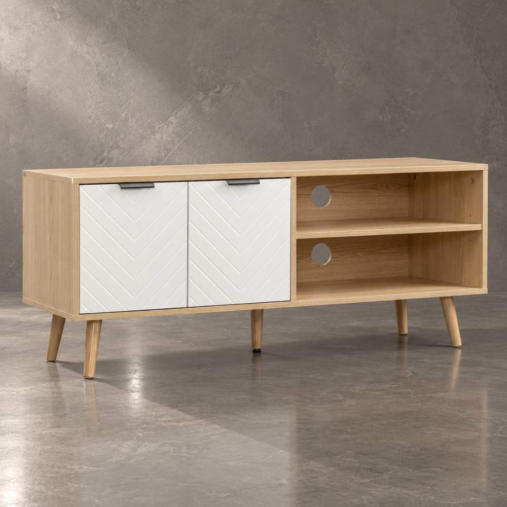 Meuble TV scandinave bois et blanc, portes à chevrons 110 cm