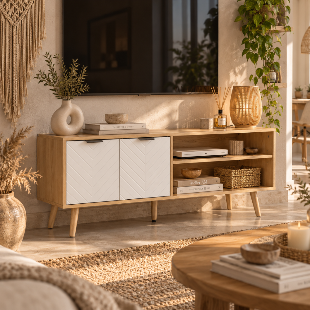 Meuble TV scandinave bois et blanc, portes à chevrons, 110 cm