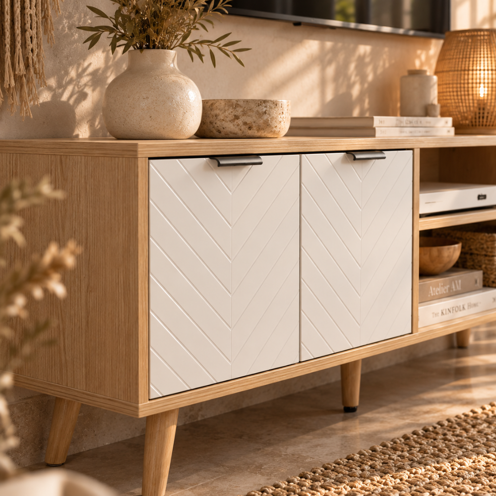 Meuble TV scandinave bois et blanc, portes à chevrons, 110 cm