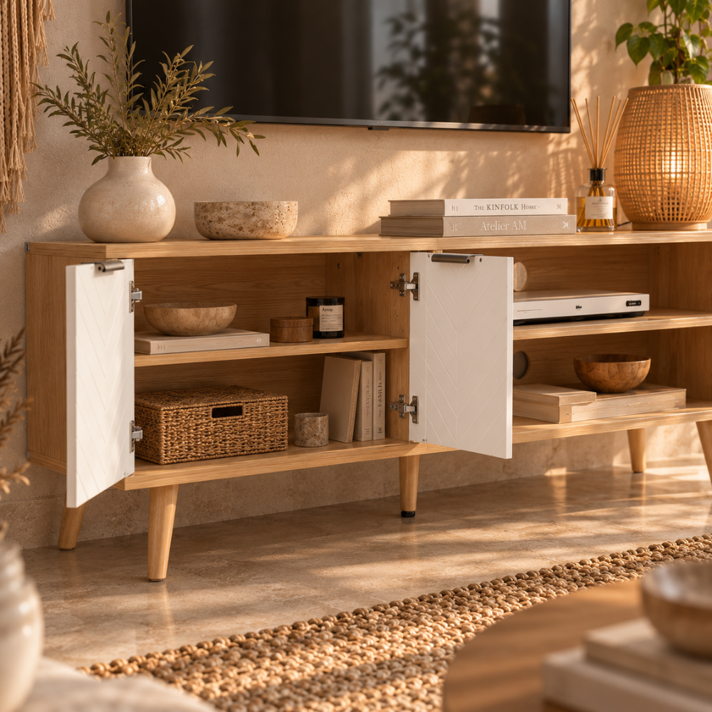 Meuble TV scandinave bois et blanc, portes à chevrons, 110 cm