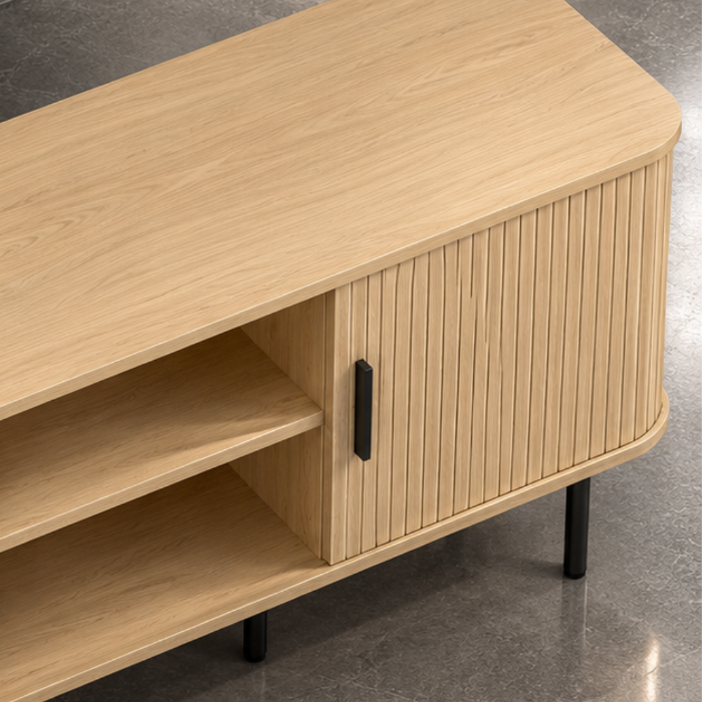 Meuble TV scandinave ton chêne et noir, portes à lamelles 120 cm – vue 2