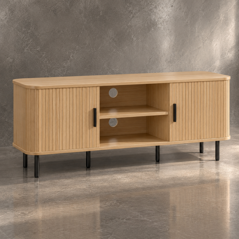 Meuble TV scandinave ton chêne et noir, portes à lamelles 120 cm