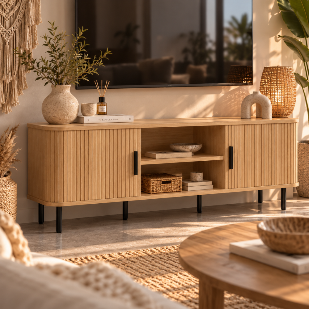 Meuble TV scandinave ton chêne et noir, portes à lamelles 120 cm – vue 3