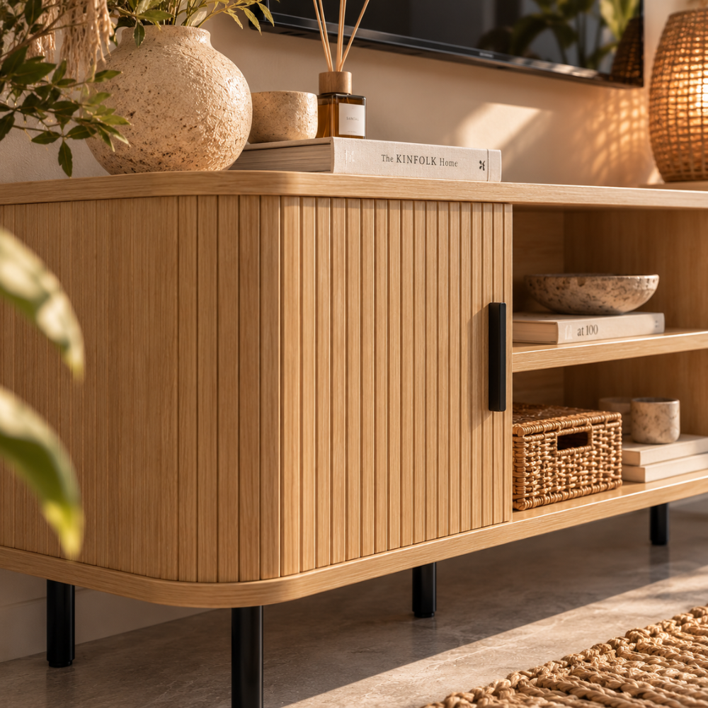 Meuble TV scandinave ton chêne et noir, portes à lamelles 120 cm – vue 4